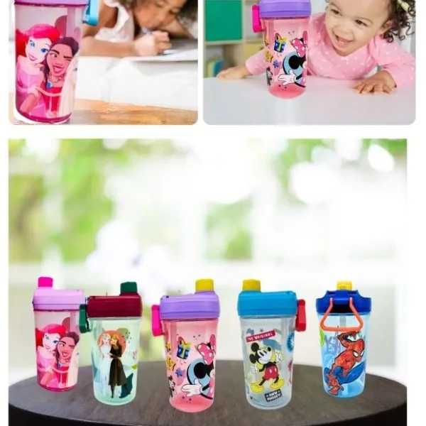 Botella Infantil con Tapa rosca y cañita, Diseños de Personajes Populares