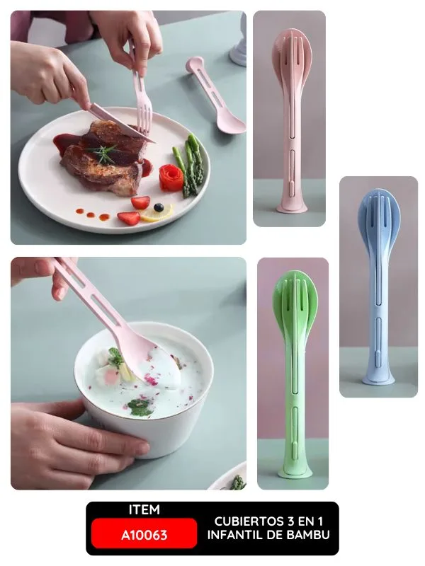 Cubiertos 3 en 1 Infantil de Bambu - Cuchara, Cuchillo y Tenedor PRESENTACION BOLSITA