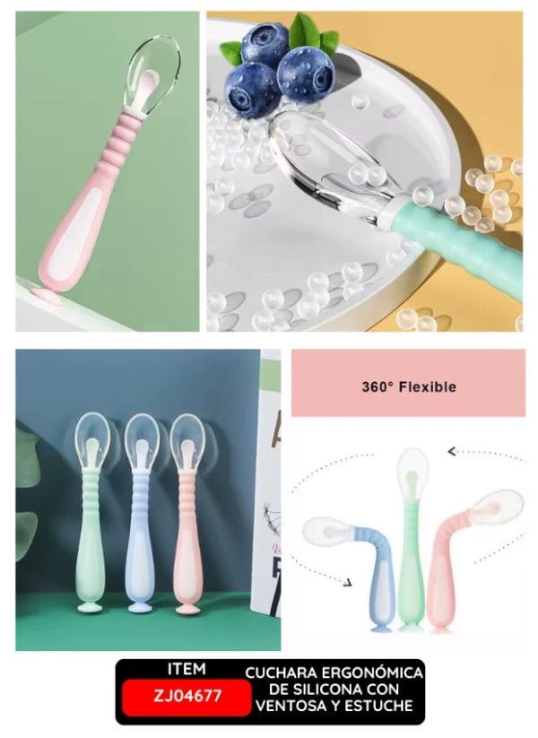Cuchara Ergonómica de Silicona con Ventosa y Estuche para Bebé