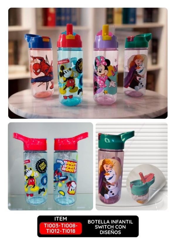 Botella Infantil Switch con Diseños de Spiderman, Mickey, Frozen y Minnie