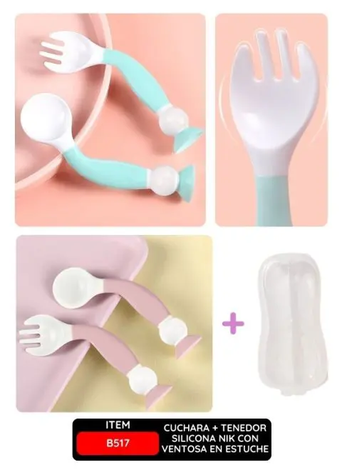 CUCHARA + TENEDOR SILICONA NIK CON VENTOSA