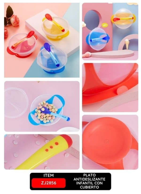 Plato Antideslizante Infantil con Cubierto - Colores Amarillo, Azul y Rojo