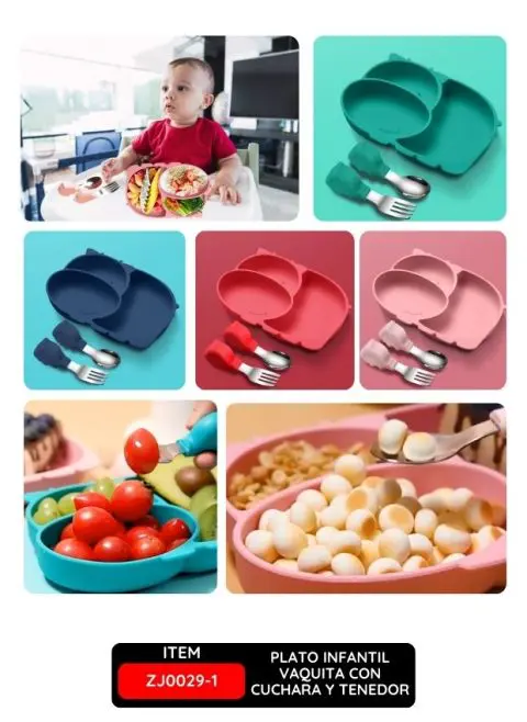Plato Infantil Vaquita con Cuchara y Tenedor