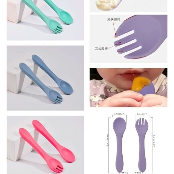 Set de Cuchara y Tenedor de Silicona para Bebé en bolsita