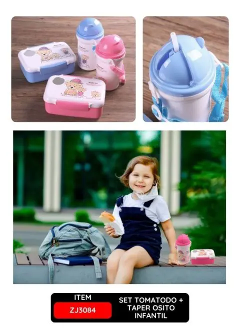 Set Tomatodo + Taper Osito Infantil, Celeste y Rosado, Ideal para Bebé
