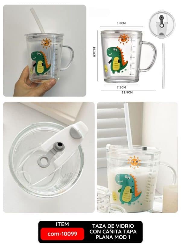 TAZA DE VIDRIO CON CAÑITA TAPA PLANA MOD 1
