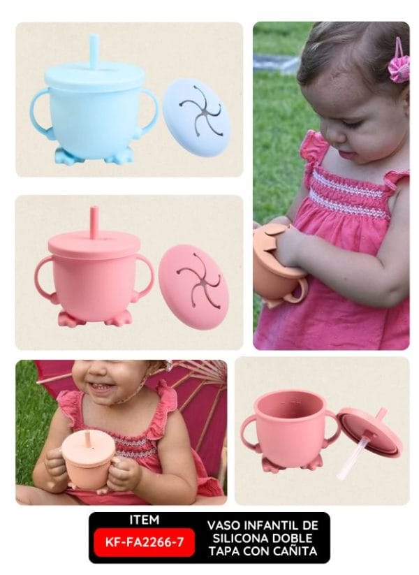 Vaso Infantil de Silicona Doble Tapa con Cañita