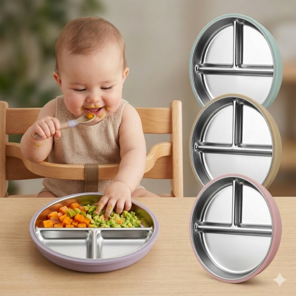 Plato 3 divisiones de acero inoxidable con funda de silicona con ventosa